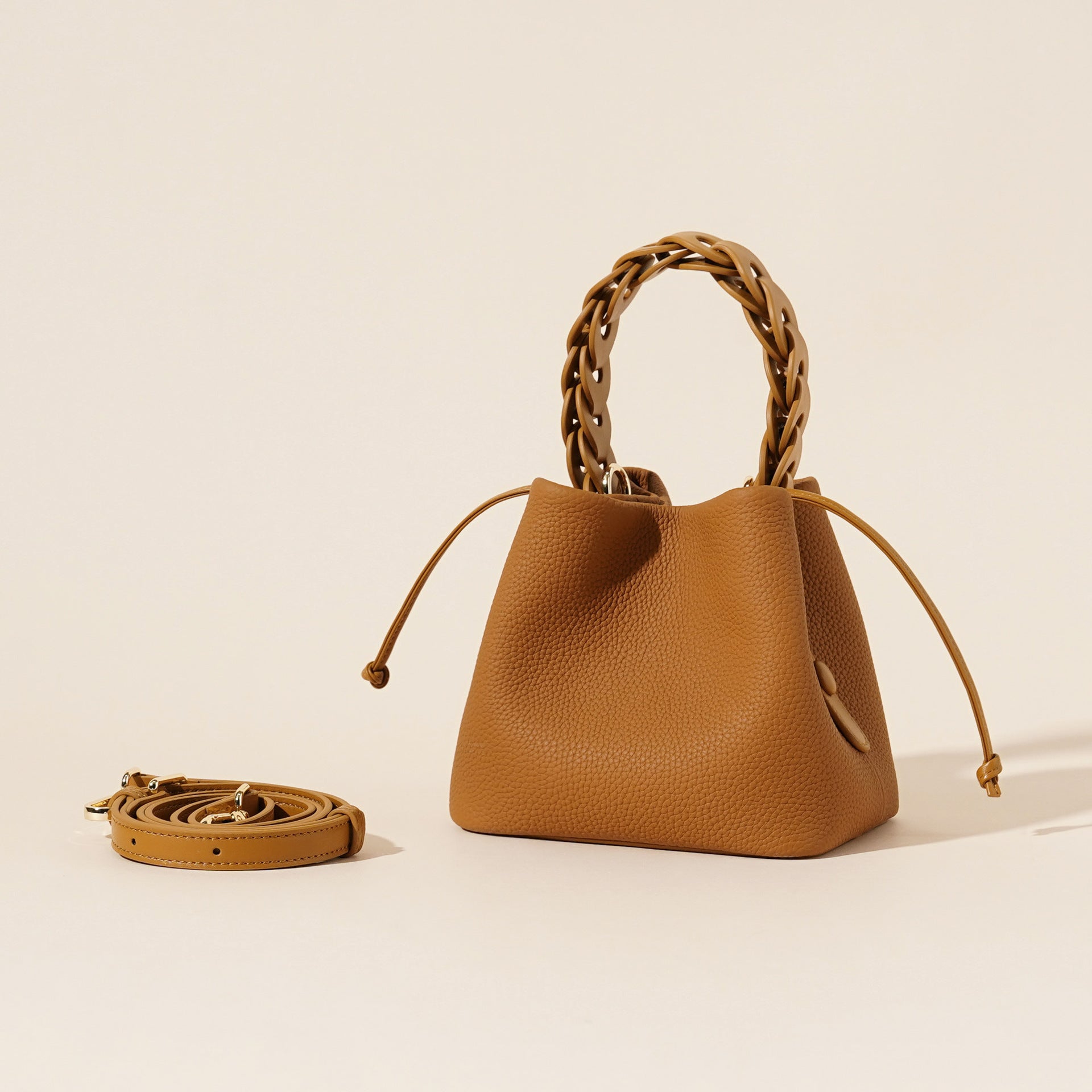 Genuine Leather Mini Bucket Crossbody Bag Braided Handle Drawstring Biscuit