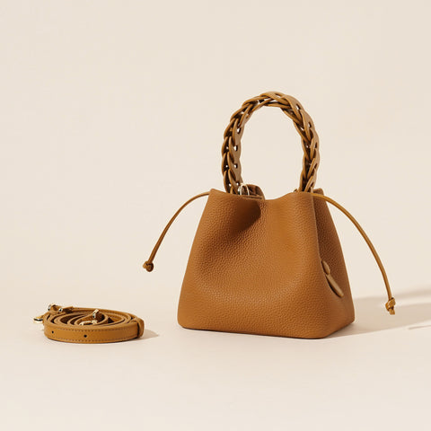 Genuine Leather Mini Bucket Crossbody Bag Braided Handle Drawstring Biscuit