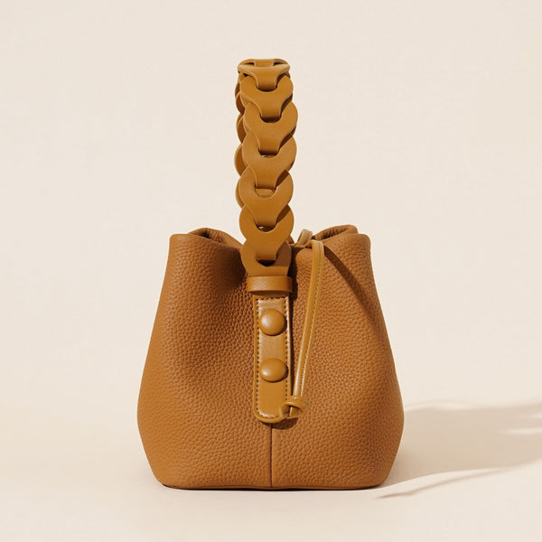 Genuine Leather Mini Bucket Crossbody Bag Braided Handle Drawstring Biscuit