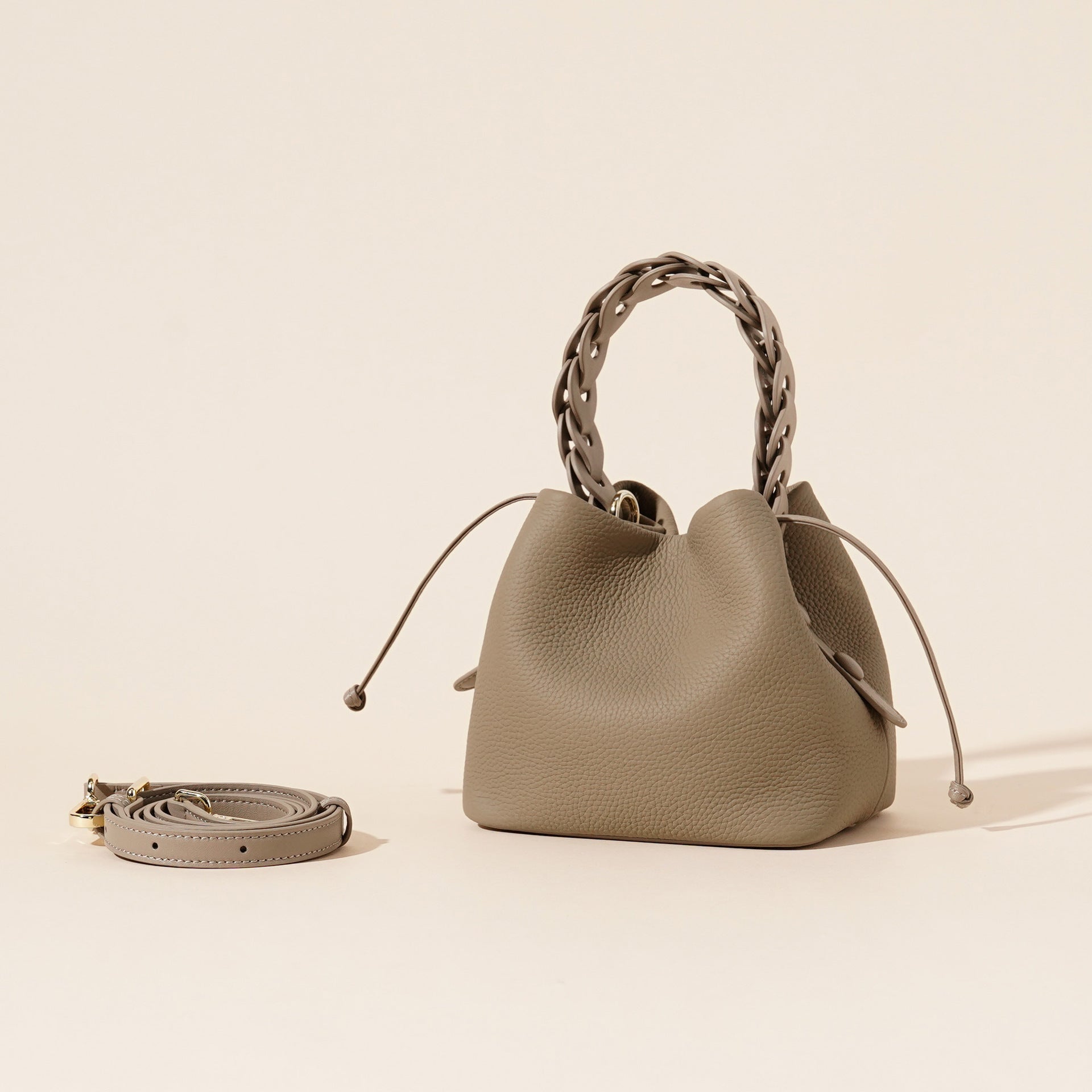Genuine Leather Mini Bucket Crossbody Bag Braided Handle Drawstring Grey
