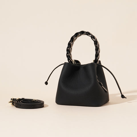 Genuine Leather Mini Bucket Crossbody Bag Braided Handle Drawstring Black