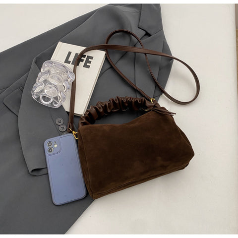 Faux Suede Ruched Top Handle Crossbody Shoulder Bag Detachable Strap Coffee