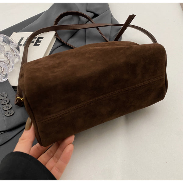 Faux Suede Ruched Top Handle Crossbody Shoulder Bag Detachable Strap Coffee