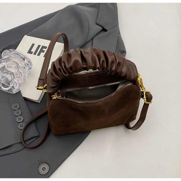 Faux Suede Ruched Top Handle Crossbody Shoulder Bag Detachable Strap Coffee