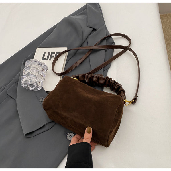 Faux Suede Ruched Top Handle Crossbody Shoulder Bag Detachable Strap Coffee