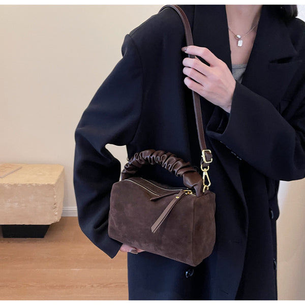 Faux Suede Ruched Top Handle Crossbody Shoulder Bag Detachable Strap Coffee