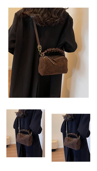 Faux Suede Ruched Top Handle Crossbody Shoulder Bag Detachable Strap Coffee