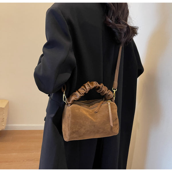 Faux Suede Ruched Top Handle Crossbody Shoulder Bag Detachable Strap Brown