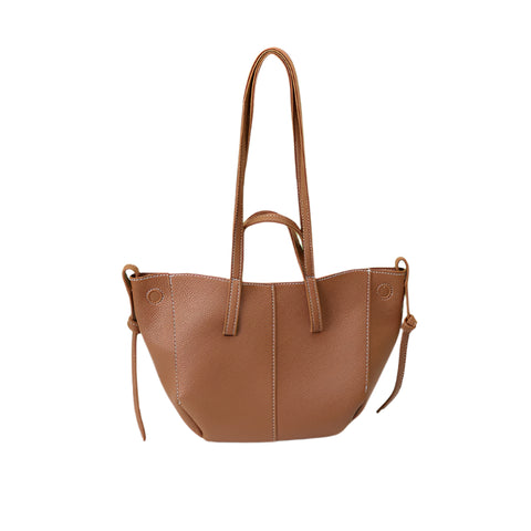 Faux PU Leather Tote Shoulder Handbag Bag Contrast Stitching Snap Closure Brown