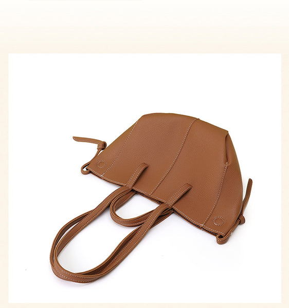 Faux PU Leather Tote Shoulder Handbag Bag Contrast Stitching Snap Closure Brown