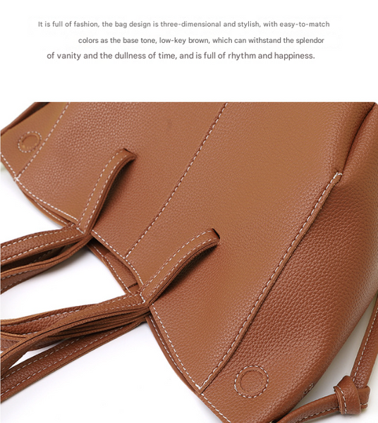 Faux PU Leather Tote Shoulder Handbag Bag Contrast Stitching Snap Closure Brown
