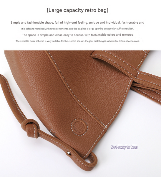 Faux PU Leather Tote Shoulder Handbag Bag Contrast Stitching Snap Closure Brown