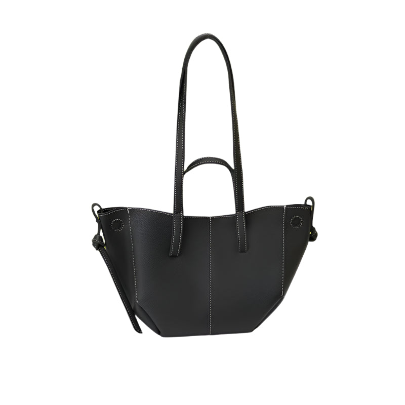 Faux PU Leather Tote Shoulder Handbag Bag Contrast Stitching Snap Closure Black