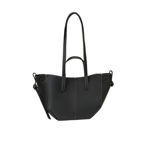 Faux PU Leather Tote Shoulder Handbag Bag Contrast Stitching Snap Closure Black