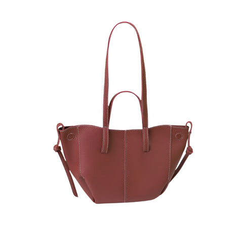 Faux PU Leather Tote Shoulder Handbag Bag Contrast Stitching Snap Closure Red