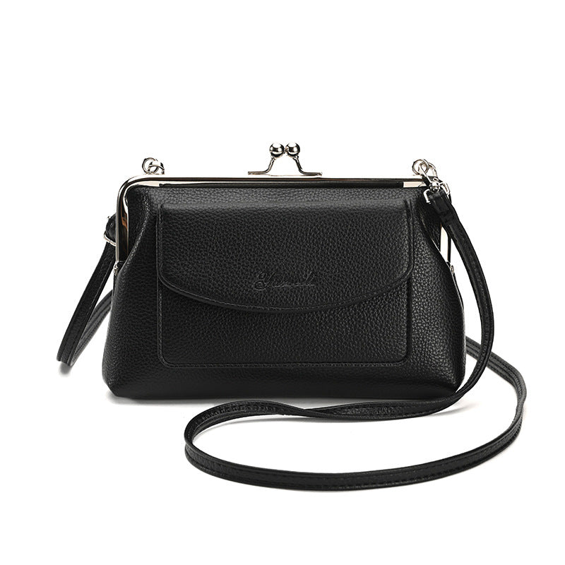 Faux PU Leather Crossbody Bag Clutch Purse Detachable Strap Kiss Lock Black