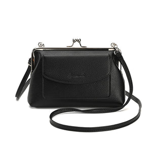 Faux PU Leather Crossbody Bag Clutch Purse Detachable Strap Kiss Lock Black
