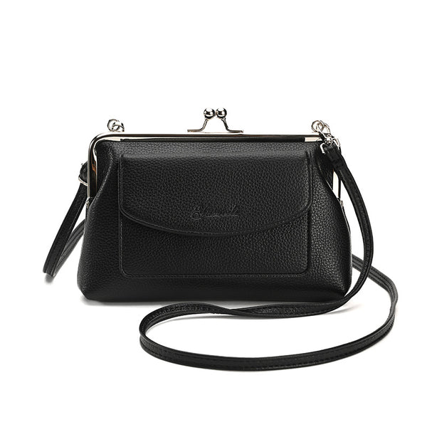 Faux PU Leather Crossbody Bag Clutch Purse Detachable Strap Kiss Lock Black