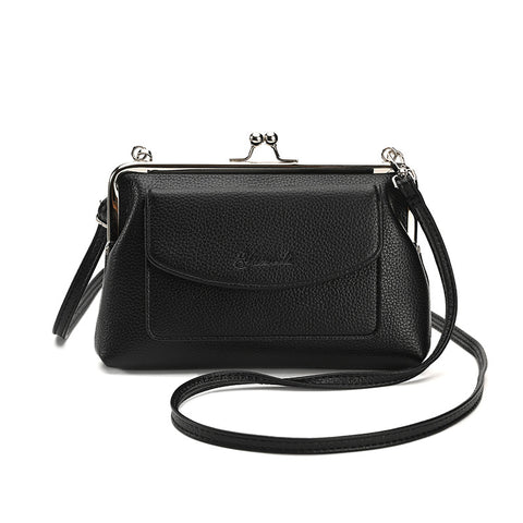 Faux PU Leather Crossbody Bag Clutch Purse Detachable Strap Kiss Lock Black