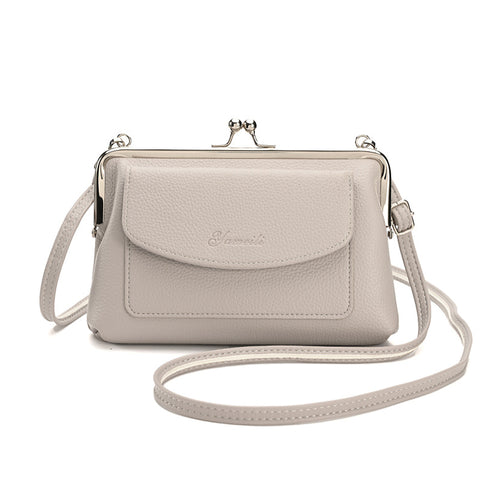 Faux PU Leather Crossbody Bag Clutch Purse Detachable Strap Kiss Lock Taupe