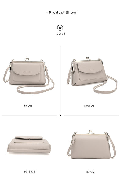 Faux PU Leather Crossbody Bag Clutch Purse Detachable Strap Kiss Lock Taupe