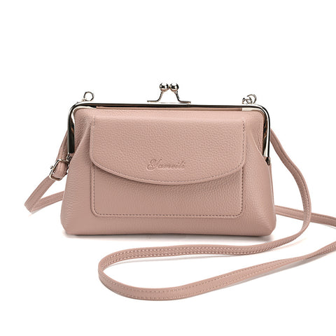 Faux PU Leather Crossbody Bag Clutch Purse Detachable Strap Kiss Lock Pink