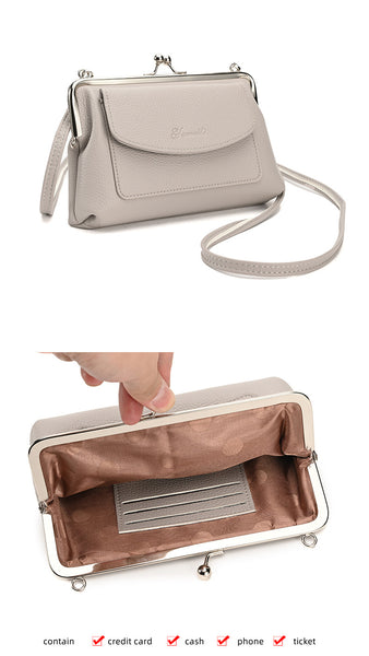 Faux PU Leather Crossbody Bag Clutch Purse Detachable Strap Kiss Lock Pink