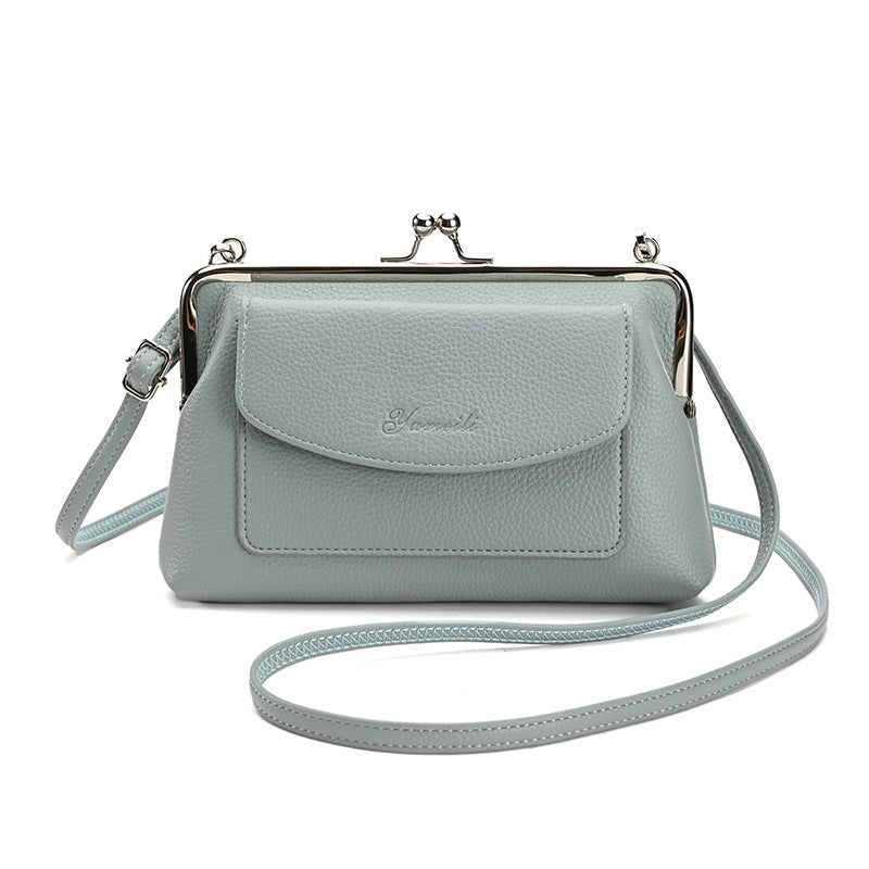 Faux PU Leather Crossbody Bag Clutch Purse Detachable Strap Kiss Lock Blue