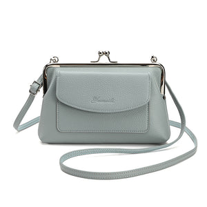Faux PU Leather Crossbody Bag Clutch Purse Detachable Strap Kiss Lock Blue