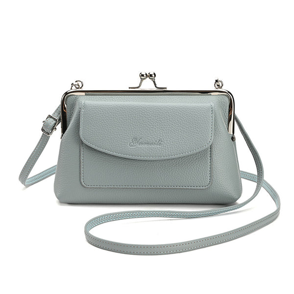 Faux PU Leather Crossbody Bag Clutch Purse Detachable Strap Kiss Lock Blue