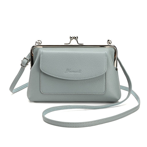 Faux PU Leather Crossbody Bag Clutch Purse Detachable Strap Kiss Lock Blue