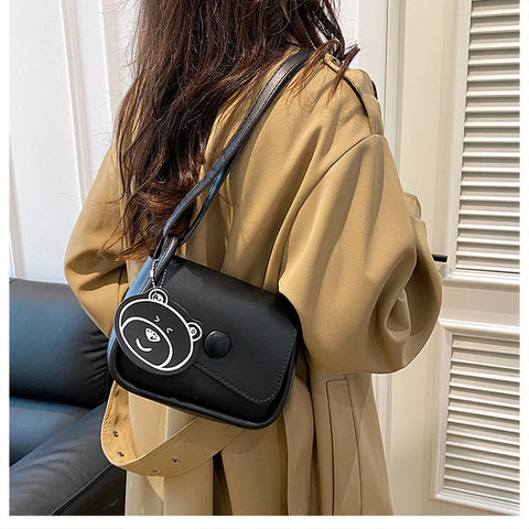 Faux PU Leather Crossbody Shoulder Bag Adjustable Strap Bear Charm Black