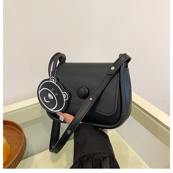 Faux PU Leather Crossbody Shoulder Bag Adjustable Strap Bear Charm Black