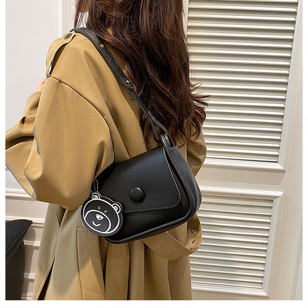 Faux PU Leather Crossbody Shoulder Bag Adjustable Strap Bear Charm Black