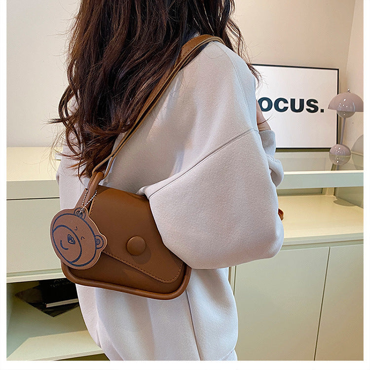 Faux PU Leather Crossbody Shoulder Bag Adjustable Strap Bear Charm Brown