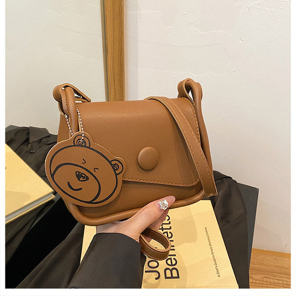 Faux PU Leather Crossbody Shoulder Bag Adjustable Strap Bear Charm Brown