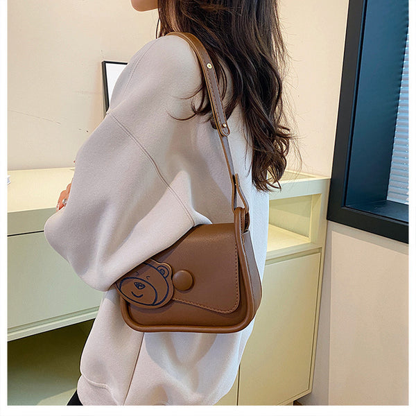 Faux PU Leather Crossbody Shoulder Bag Adjustable Strap Bear Charm Brown