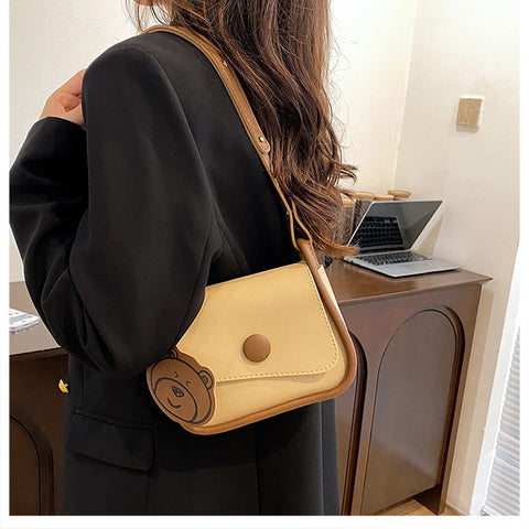 Faux PU Leather Crossbody Shoulder Bag Adjustable Strap Bear Charm Khaki