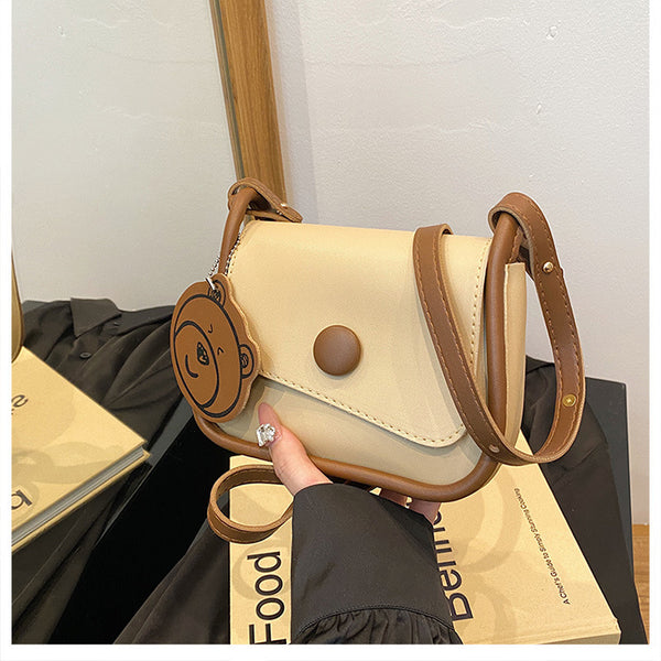 Faux PU Leather Crossbody Shoulder Bag Adjustable Strap Bear Charm Khaki