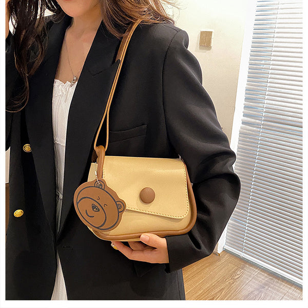 Faux PU Leather Crossbody Shoulder Bag Adjustable Strap Bear Charm Khaki