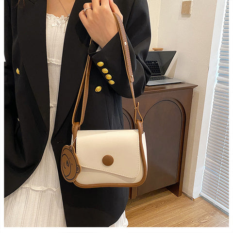 Faux PU Leather Crossbody Shoulder Bag Adjustable Strap Bear Charm Off White