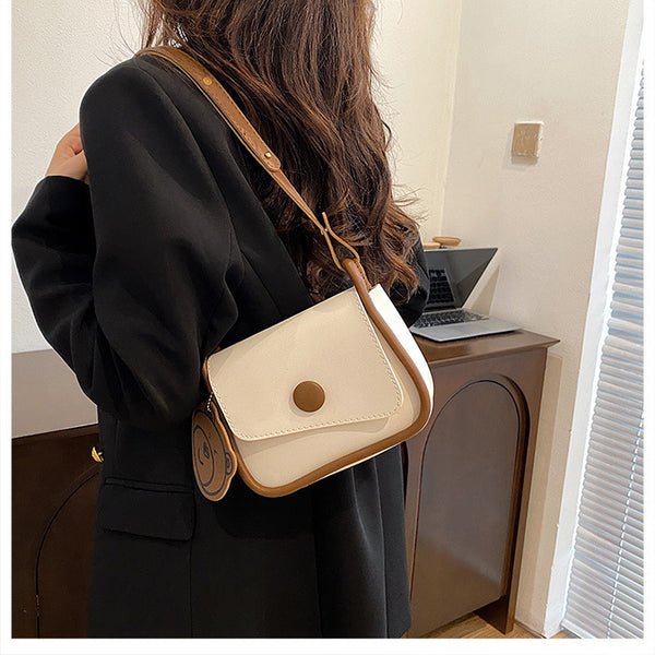 Faux PU Leather Crossbody Shoulder Bag Adjustable Strap Bear Charm Off White
