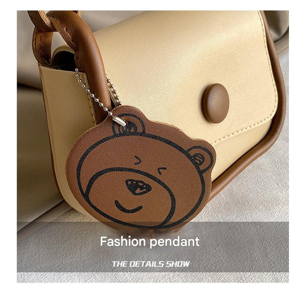 Faux PU Leather Crossbody Shoulder Bag Adjustable Strap Bear Charm Off White