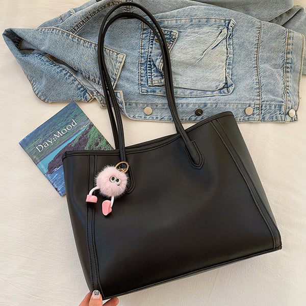 Faux PU Leather Tote Shoulder Bag Pom Pom Charm Black