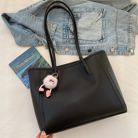 Faux PU Leather Tote Shoulder Bag Pom Pom Charm Black