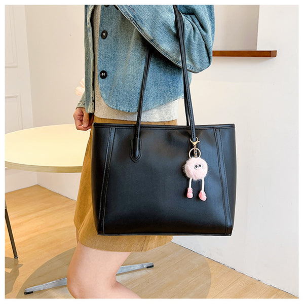 Faux PU Leather Tote Shoulder Bag Pom Pom Charm Black