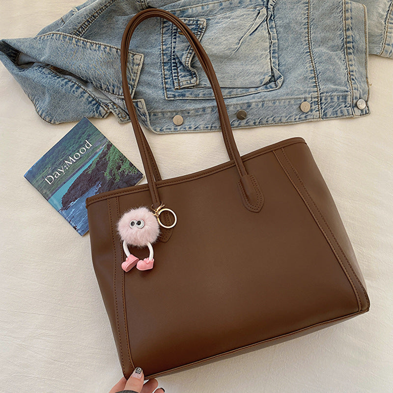 Faux PU Leather Tote Shoulder Bag Pom Pom Charm Brown