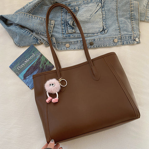 Faux PU Leather Tote Shoulder Bag Pom Pom Charm Brown