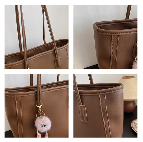 Faux PU Leather Tote Shoulder Bag Pom Pom Charm Brown