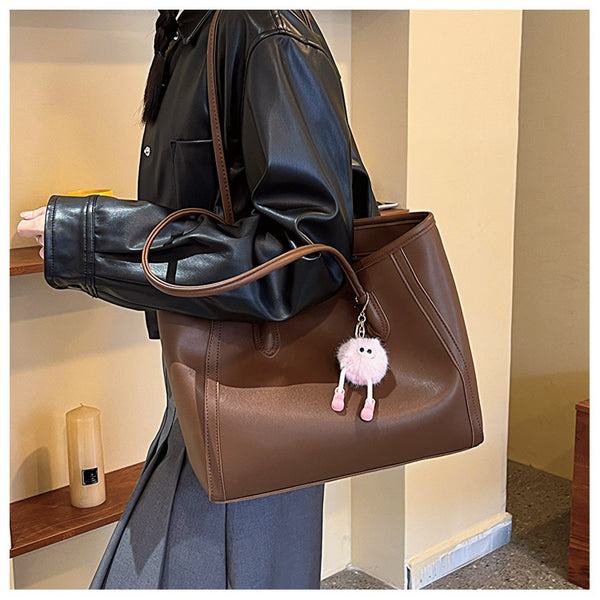 Faux PU Leather Tote Shoulder Bag Pom Pom Charm Brown